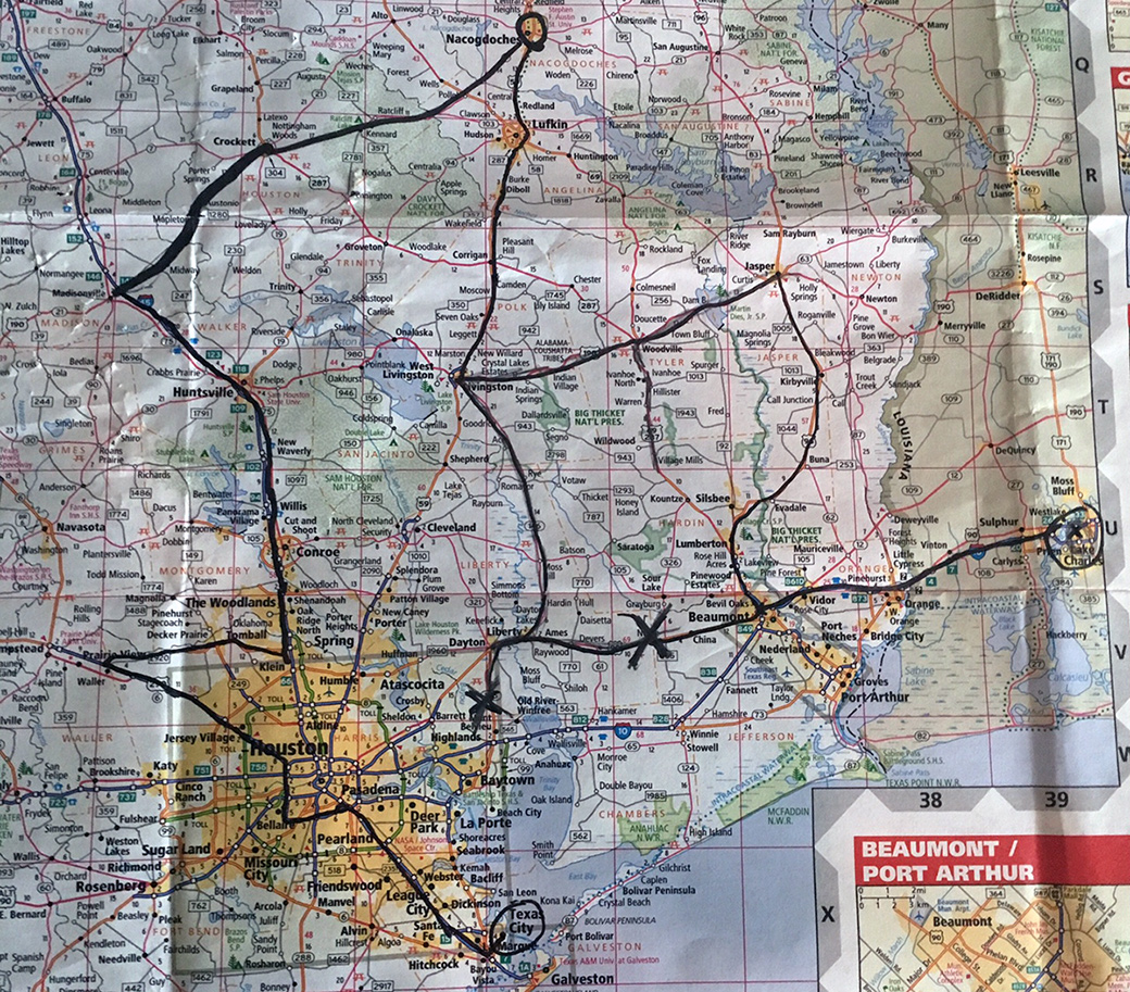 A marked-up map showing the round-about route our team was forced to take from Lake Charles, Louisiana, to Galveston, Texas. 