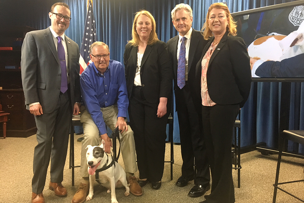 Tim Ferguson (FBI), McFly and his pet parent, Mike Burgess, Ann Coffey (USDA), Joe Poux (DOJ/ENRD) with the ASPCA’s Nancy Perry