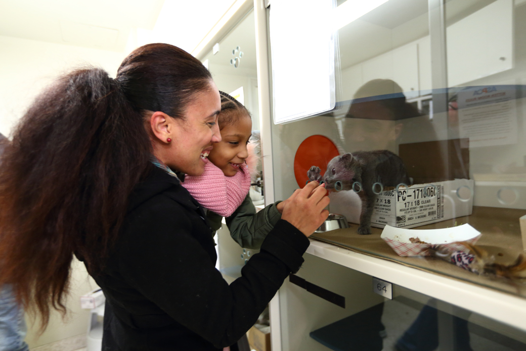 a mom and a daughter look at a cat