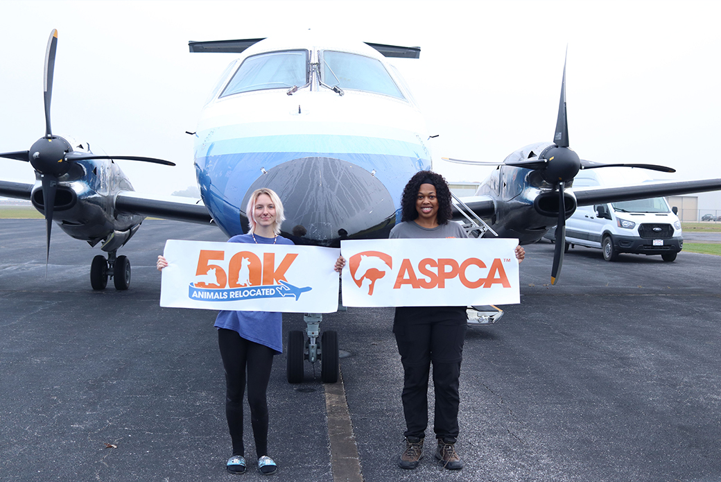 ASPCA relocation team members in front of an airplane