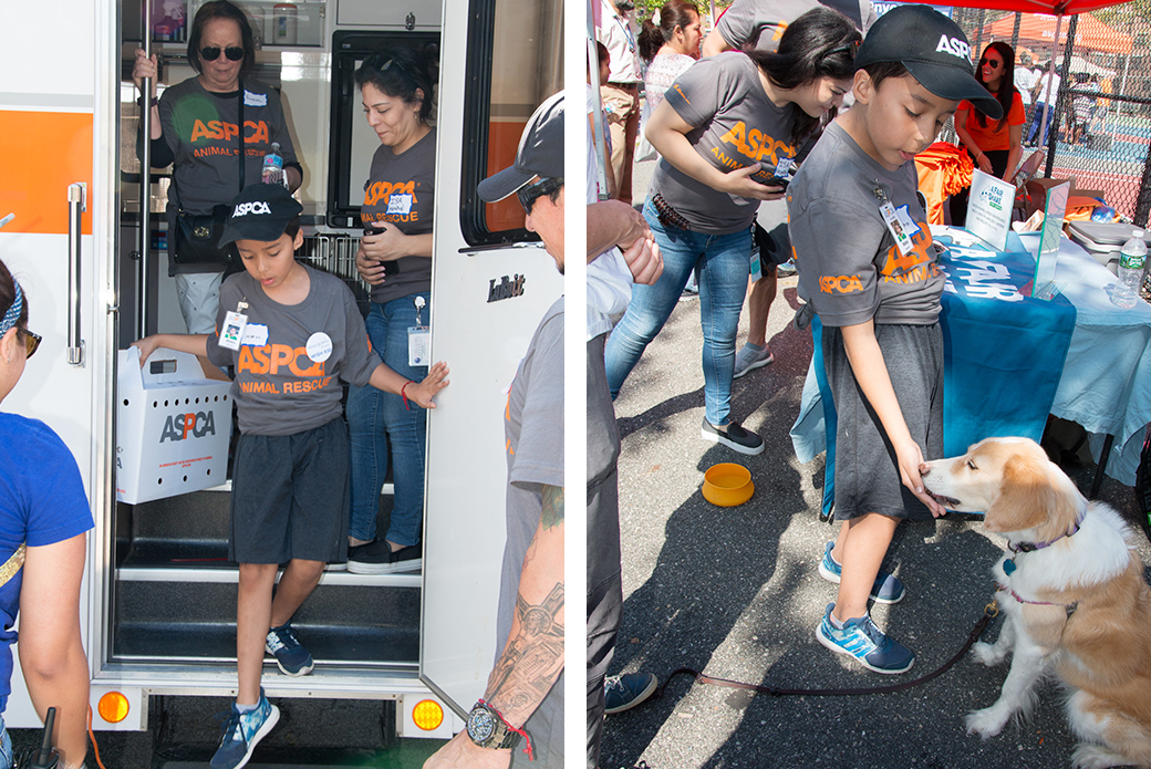 Left: Checking out our mobile adoption van. Right: Making new friends and learning some tips on dog training.