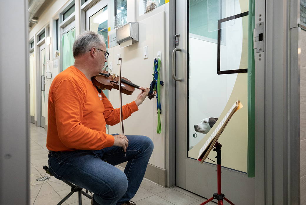 Martin Agee playing violin for dog in shelter