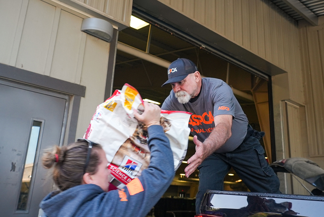 responders load dog food into a truck