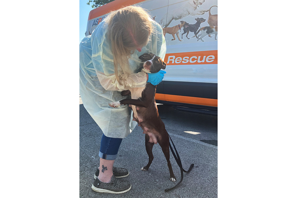 Mama Burns with vet staff in front of a transport van