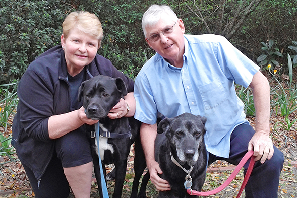 Older couple poses with two dogs
