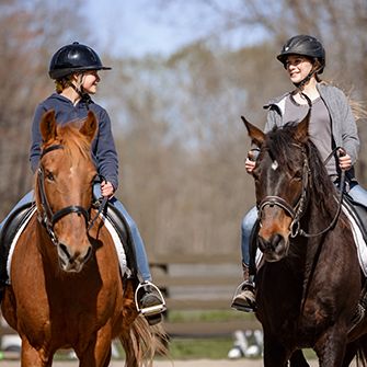 two people riding horse talking to each other