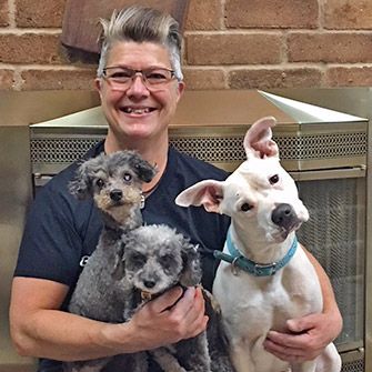 Tammy and three rescued dogs