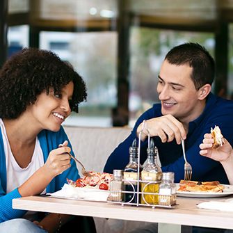 two people eating lunch at a restaurant